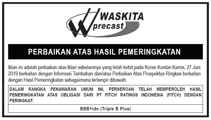 Ralat Iklan Di Koran Kontan Juni Perbaikan Atas Hasil Pemeringkatan Pt Waskita Beton